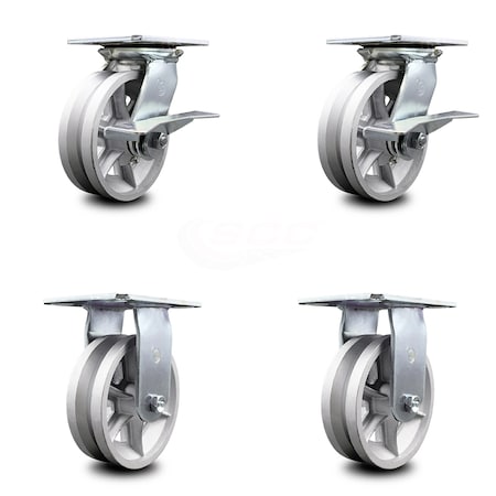 Service Caster 6 Inch V Groove Semi Steel Caster Set with Ball Bearing 2 Brakes and 2 Rigid SCC SCC-35S620-VGB-SLB-2-R-2